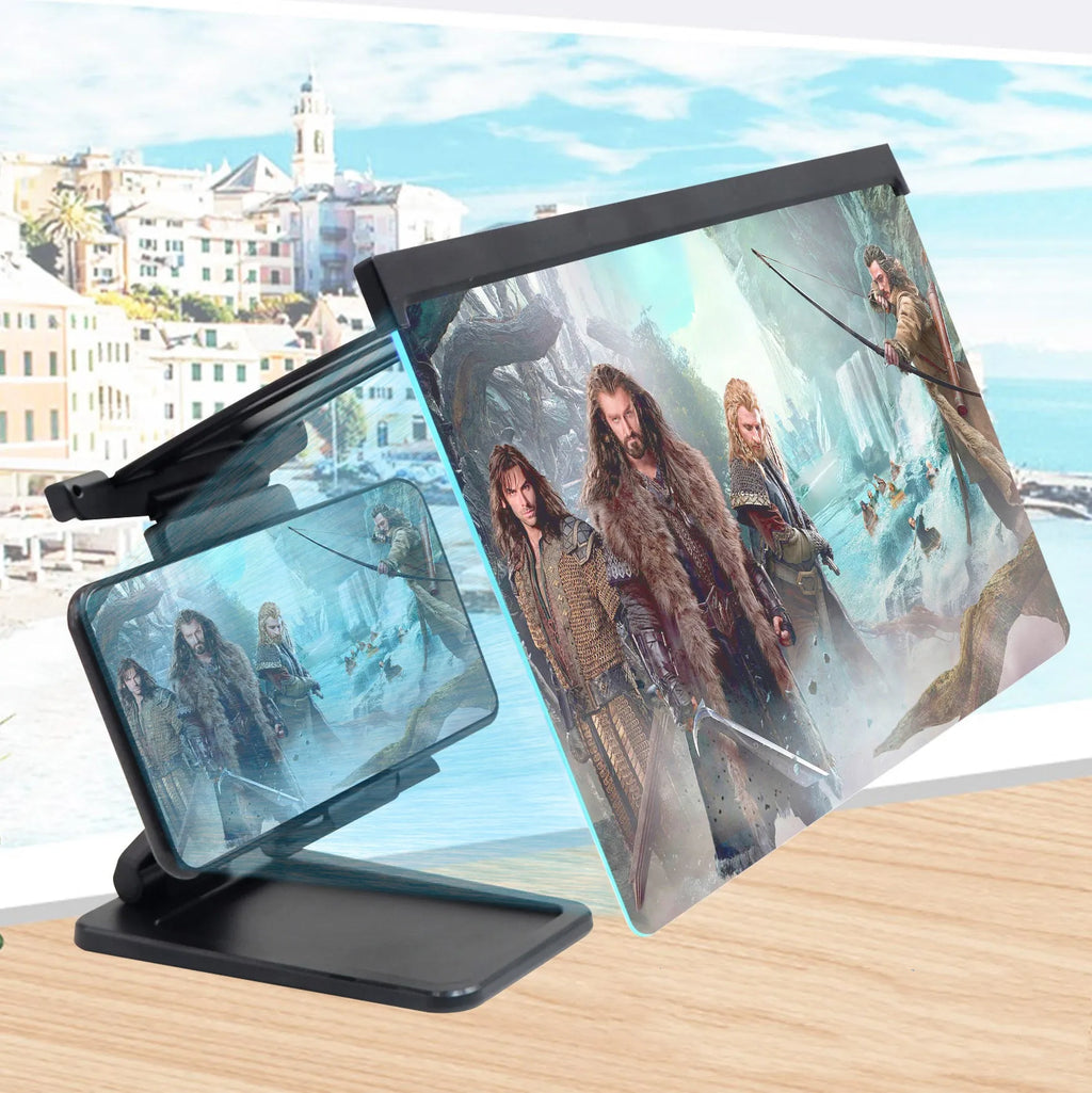 Black L20 split mobile phone screen magnifier with acrylic lens and separate support bracket on a table.