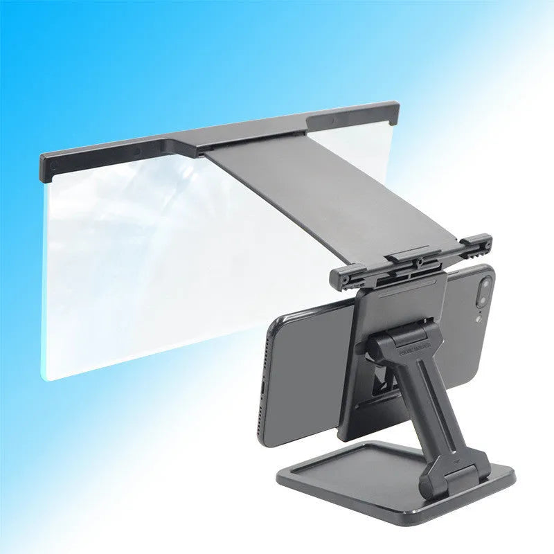 Black L20 split mobile phone screen magnifier with acrylic lens and separate support bracket on a table.