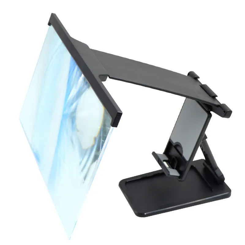 Black L20 split mobile phone screen magnifier with acrylic lens and separate support bracket on a table.