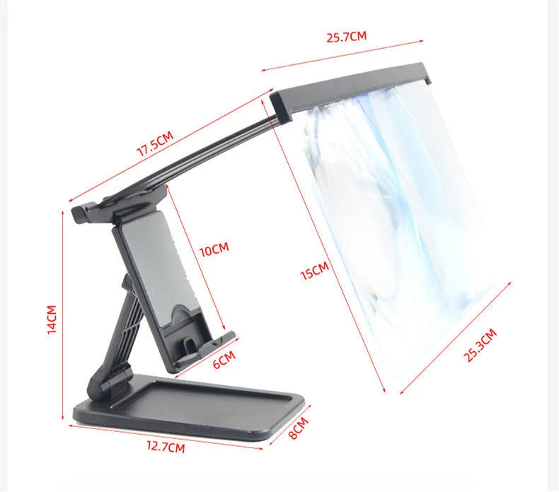 Black L20 split mobile phone screen magnifier with acrylic lens and separate support bracket on a table.