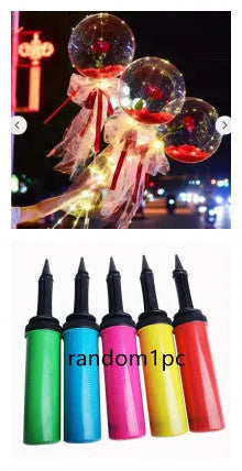 Transparent LED luminous balloon bouquet with artificial rose and glowing light inside, displayed as a DIY kit.
