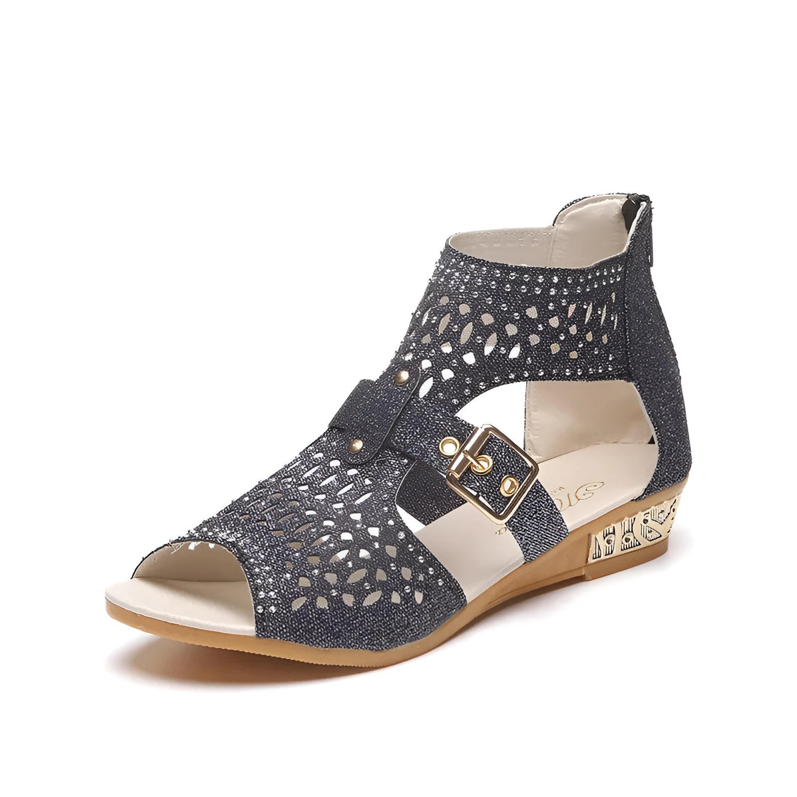 Women's beige flat sandals with wedge heel, back zipper closure, and fish mouth toe design