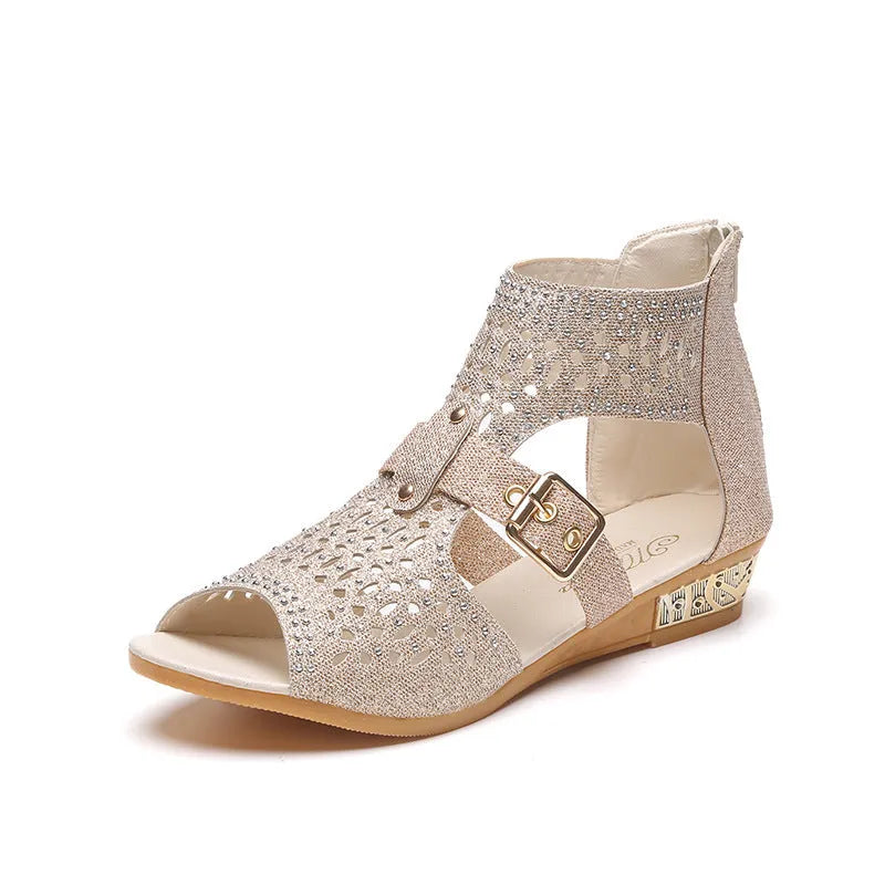 Women's beige flat sandals with wedge heel, back zipper closure, and fish mouth toe design