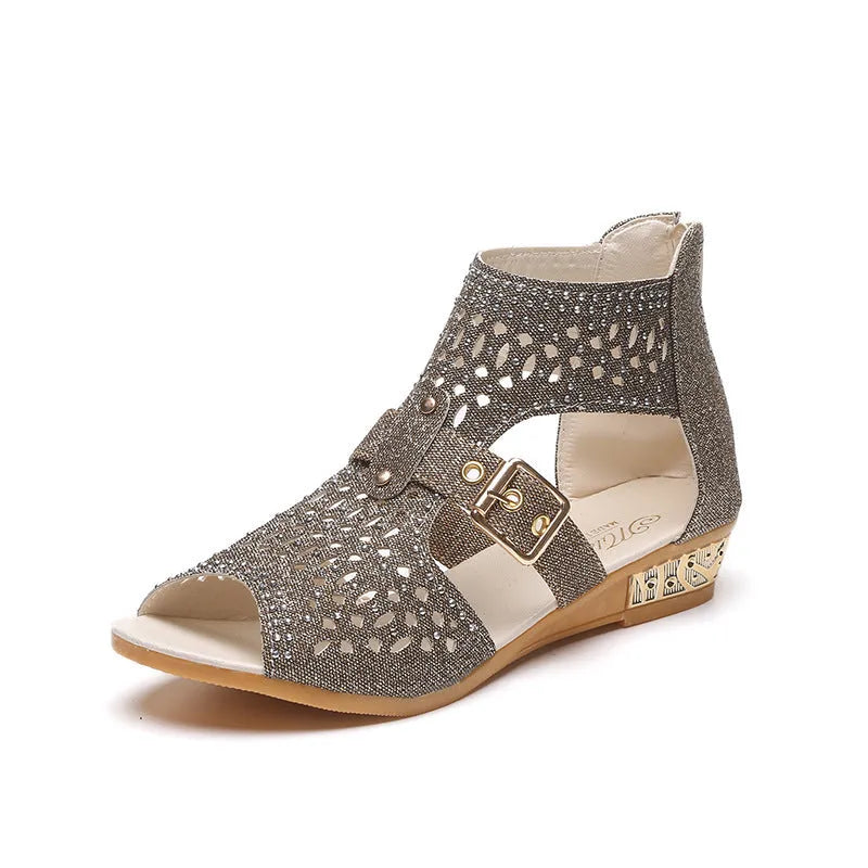 Women's beige flat sandals with wedge heel, back zipper closure, and fish mouth toe design
