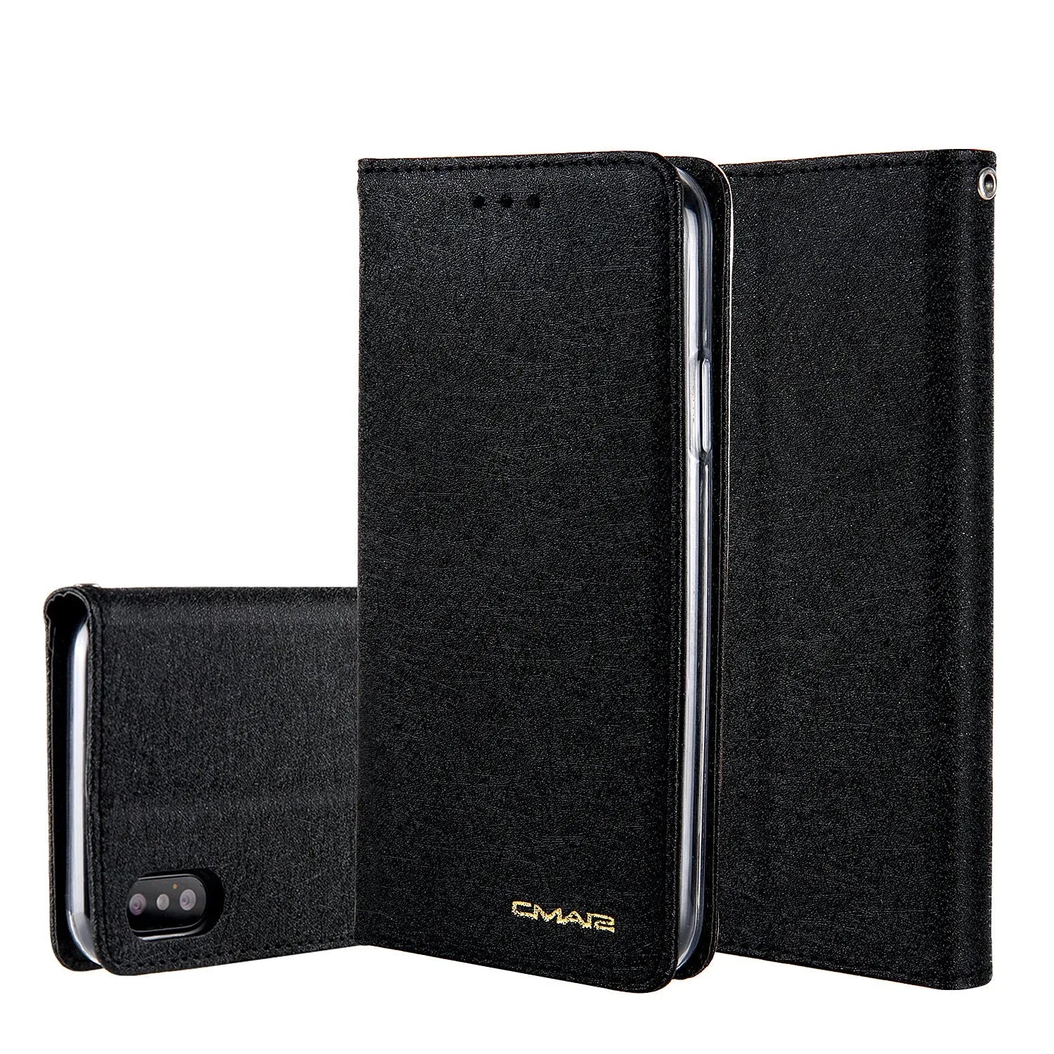 PU leather flip phone case for Apple iPhone with a built-in card slot in black.