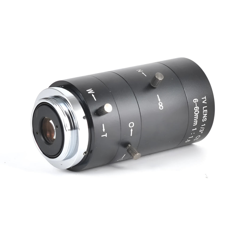 Black manual aperture camera lens with 6-60mm focal length and CS mount