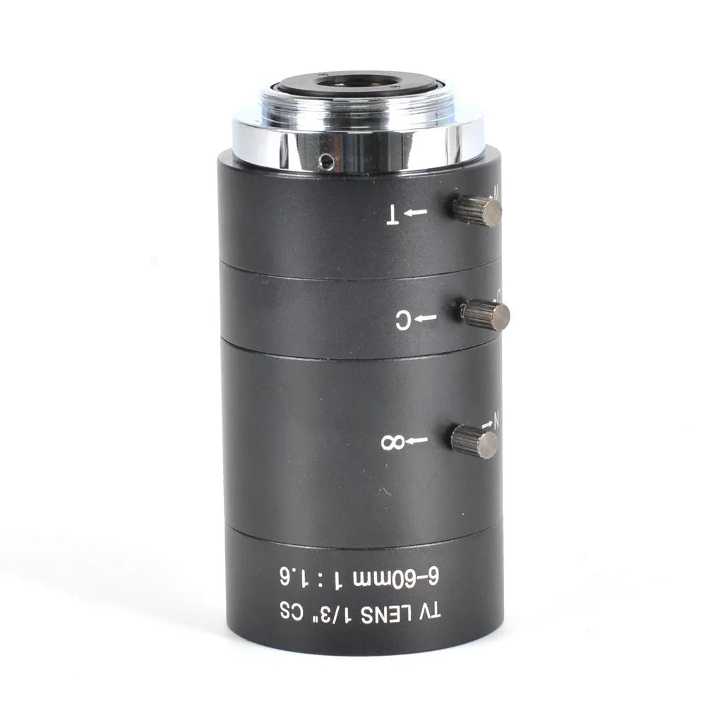 Black manual aperture camera lens with 6-60mm focal length and CS mount