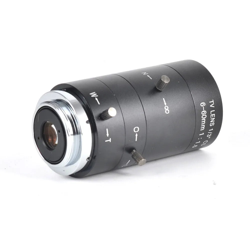 Black manual aperture camera lens with 6-60mm focal length and CS mount