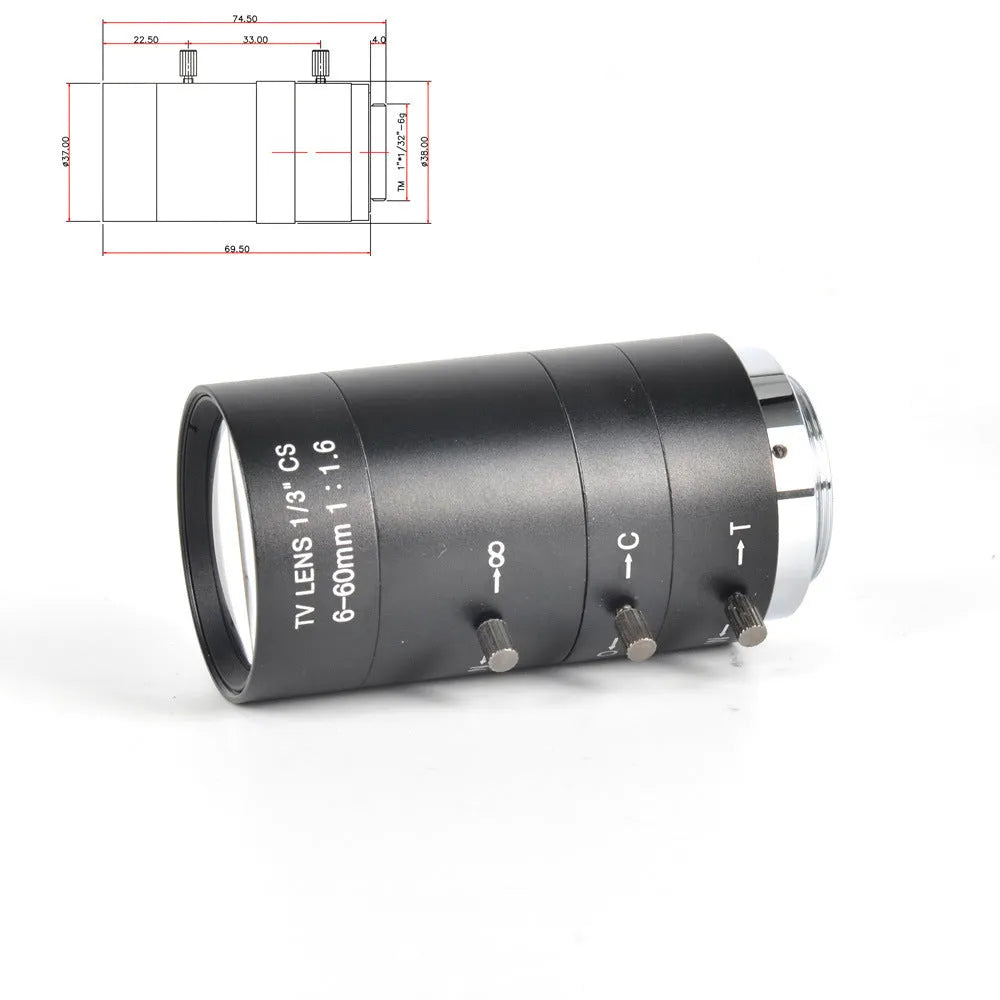 Black manual aperture camera lens with 6-60mm focal length and CS mount