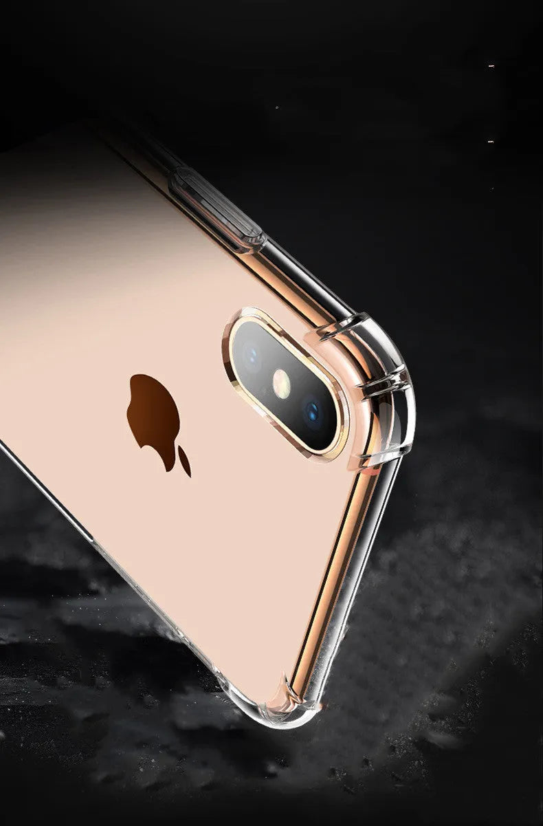 Transparent white shockproof TPU silicone case for iPhone showing front and back views