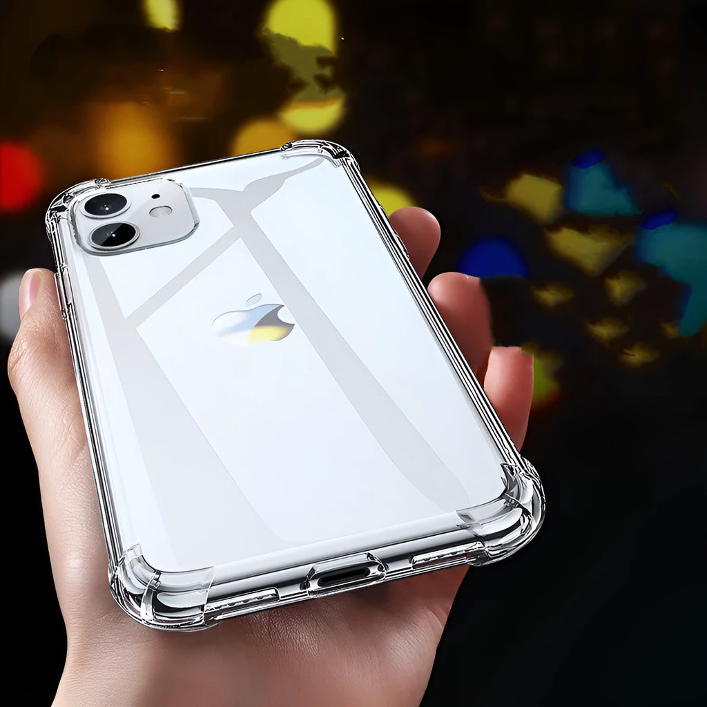 Transparent white shockproof TPU silicone case for iPhone showing front and back views