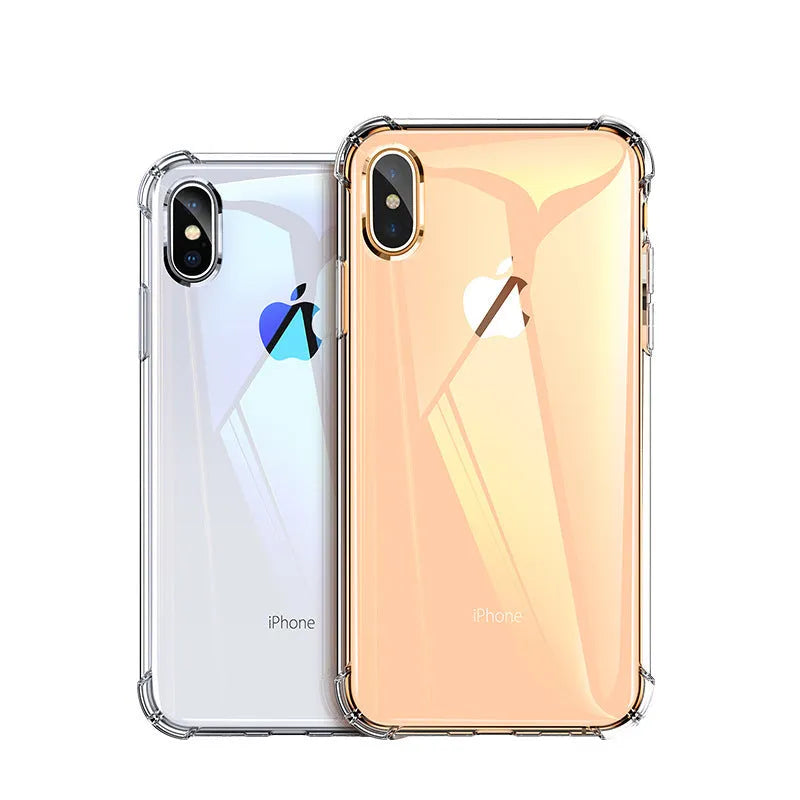 Transparent white shockproof TPU silicone case for iPhone showing front and back views
