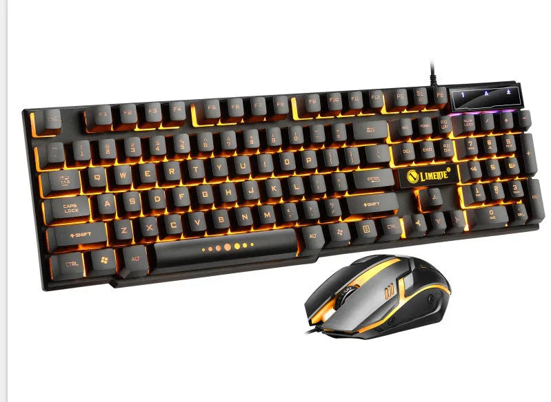 Limei GTX300 black gaming keyboard and mouse set with backlit keys on desktop
