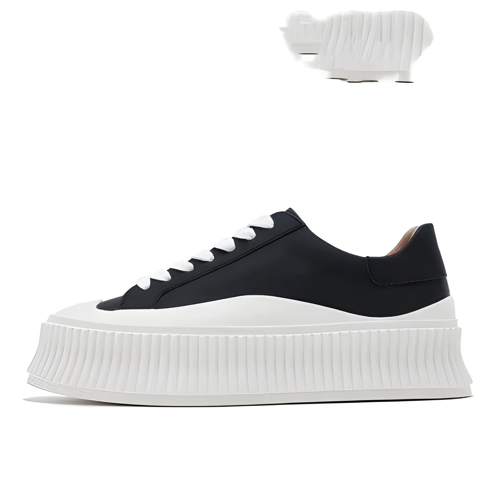 Women's white thick sole sneakers with cow suede upper and cross binding detail