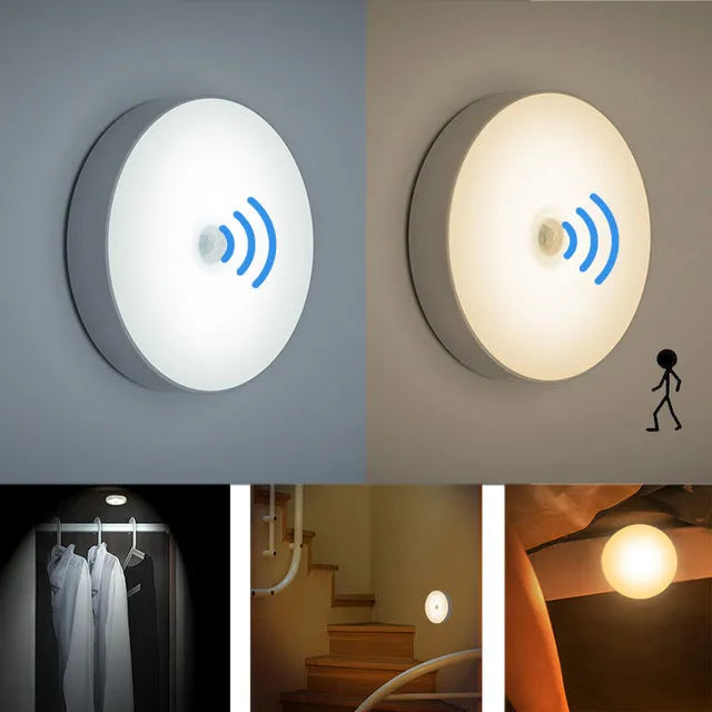White USB rechargeable LED body induction night light with adhesive backing showing 86mm diameter