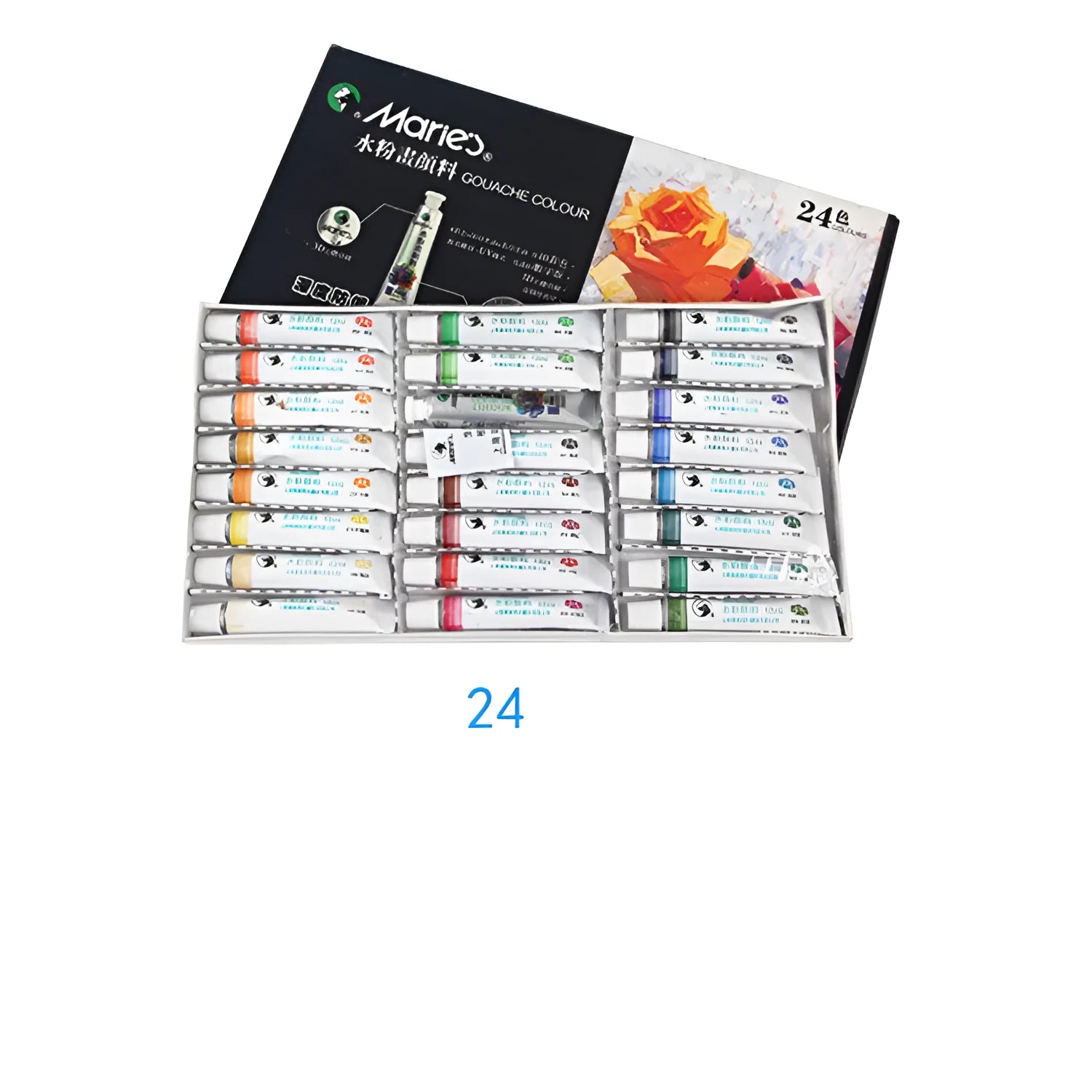 Boxed set of Marley gouache paint tubes in 12ml size, showing 12, 18 and 24 colour options.