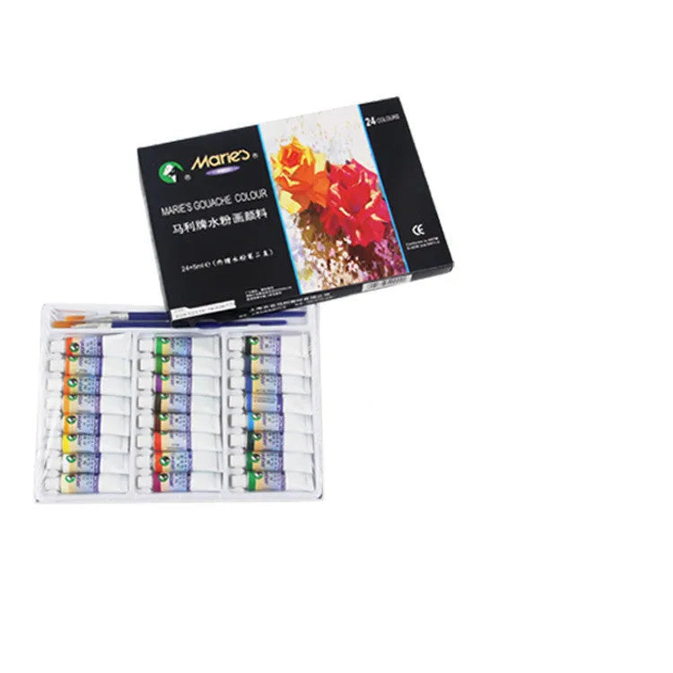 Boxed set of Marley gouache paint tubes in 12ml size, showing 12, 18 and 24 colour options.