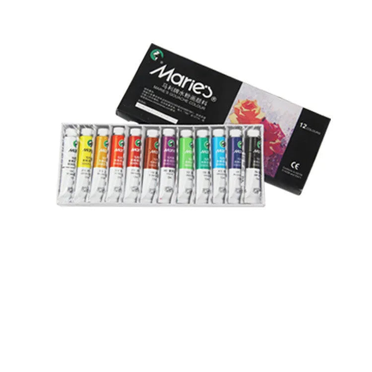 Boxed set of Marley gouache paint tubes in 12ml size, showing 12, 18 and 24 colour options.