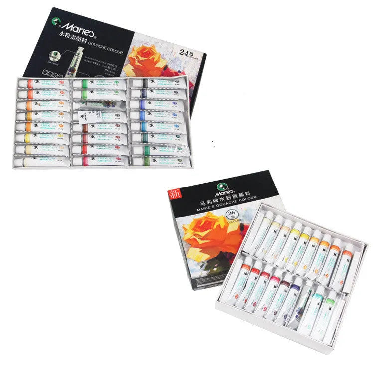 Boxed set of Marley gouache paint tubes in 12ml size, showing 12, 18 and 24 colour options.