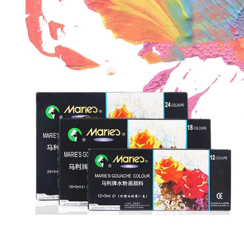 Boxed set of Marley gouache paint tubes in 12ml size, showing 12, 18 and 24 colour options.