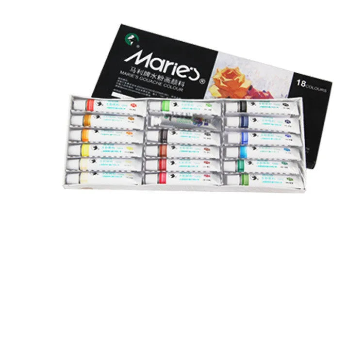Boxed set of Marley gouache paint tubes in 12ml size, showing 12, 18 and 24 colour options.