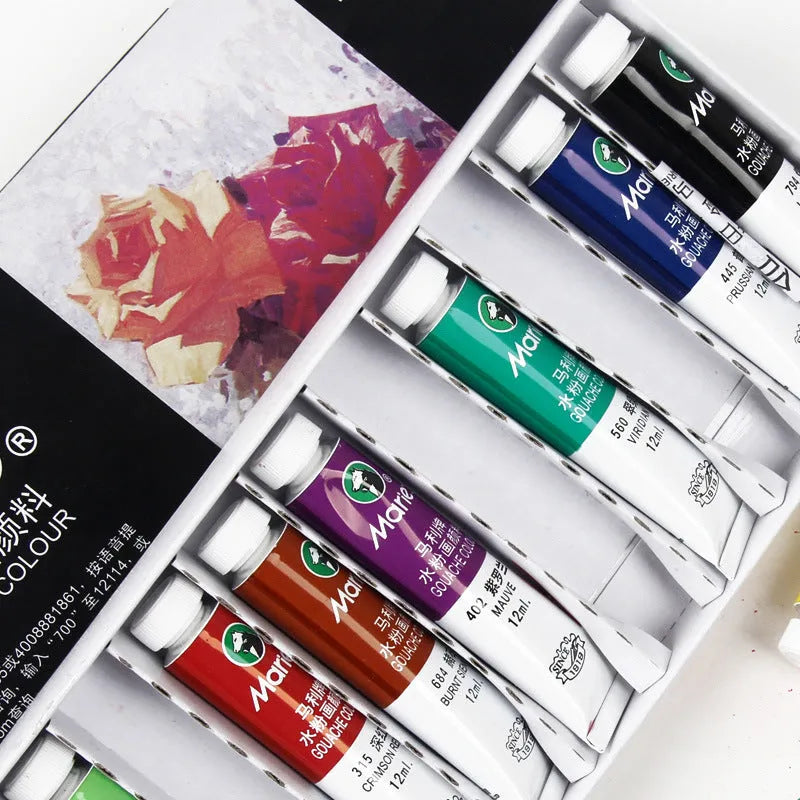 Boxed set of Marley gouache paint tubes in 12ml size, showing 12, 18 and 24 colour options.