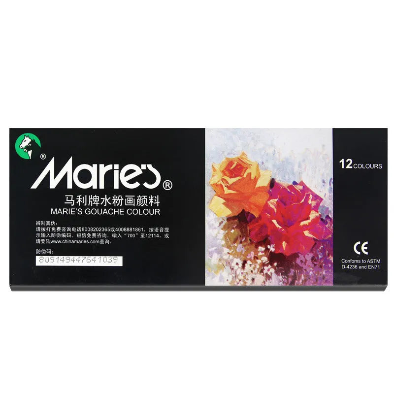 Boxed set of Marley gouache paint tubes in 12ml size, showing 12, 18 and 24 colour options.
