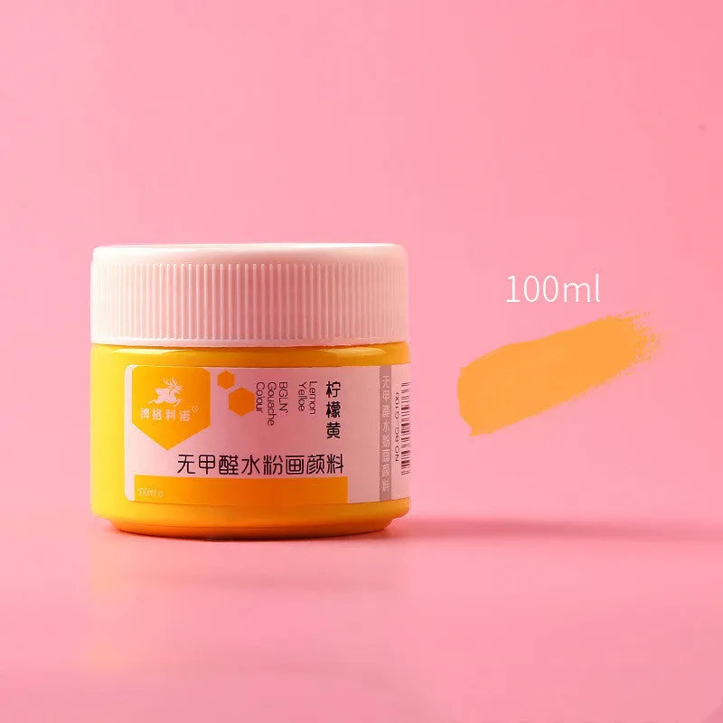 100g bottled gouache paint in eight colours: black, blue, dark blue, orange, purple, red, sky blue, and yellow