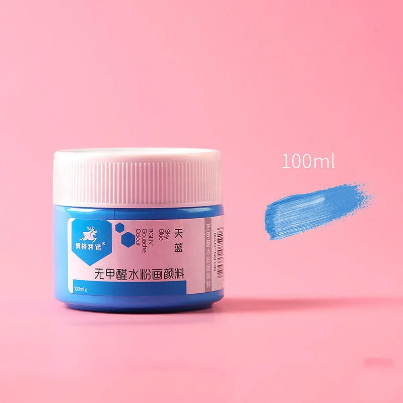 100g bottled gouache paint in eight colours: black, blue, dark blue, orange, purple, red, sky blue, and yellow