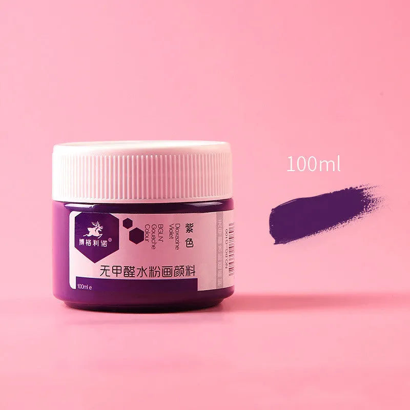 100g bottled gouache paint in eight colours: black, blue, dark blue, orange, purple, red, sky blue, and yellow