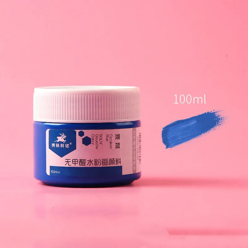 100g bottled gouache paint in eight colours: black, blue, dark blue, orange, purple, red, sky blue, and yellow