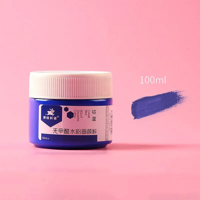 100g bottled gouache paint in eight colours: black, blue, dark blue, orange, purple, red, sky blue, and yellow