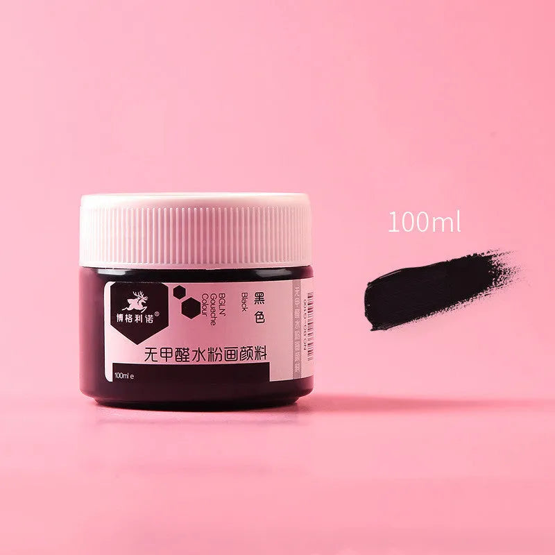 100g bottled gouache paint in eight colours: black, blue, dark blue, orange, purple, red, sky blue, and yellow