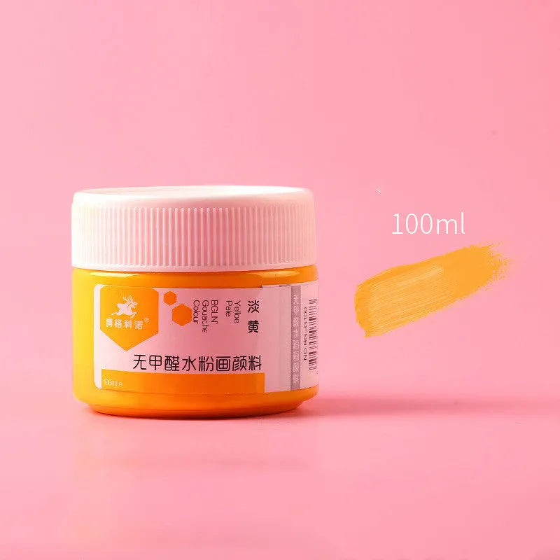 100g bottled gouache paint in eight colours: black, blue, dark blue, orange, purple, red, sky blue, and yellow