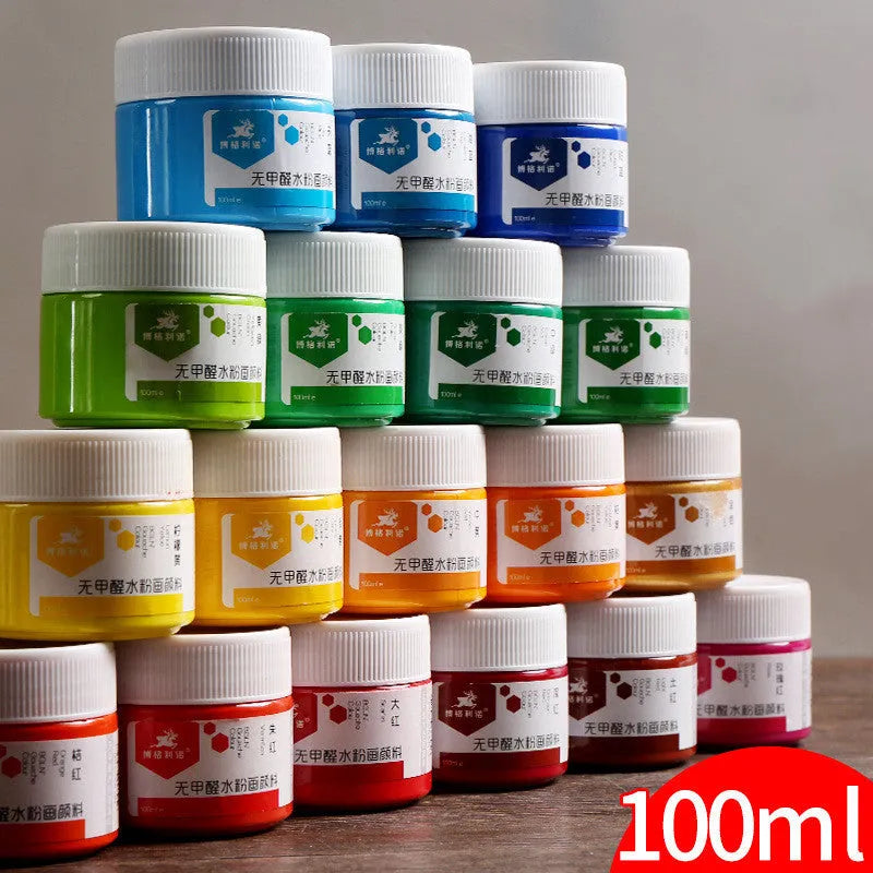 100g bottled gouache paint in eight colours: black, blue, dark blue, orange, purple, red, sky blue, and yellow