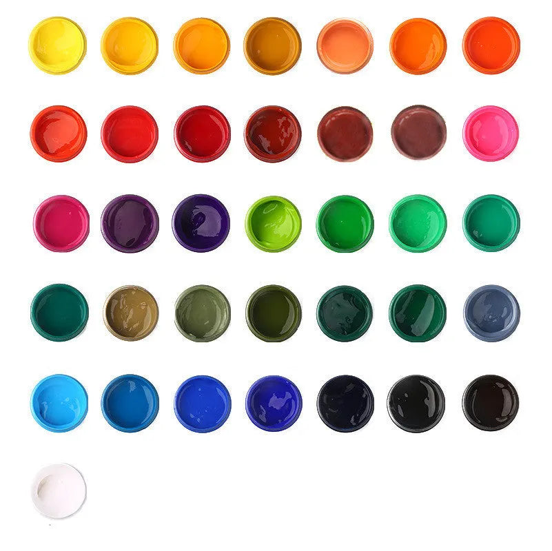 100g bottled gouache paint in eight colours: black, blue, dark blue, orange, purple, red, sky blue, and yellow