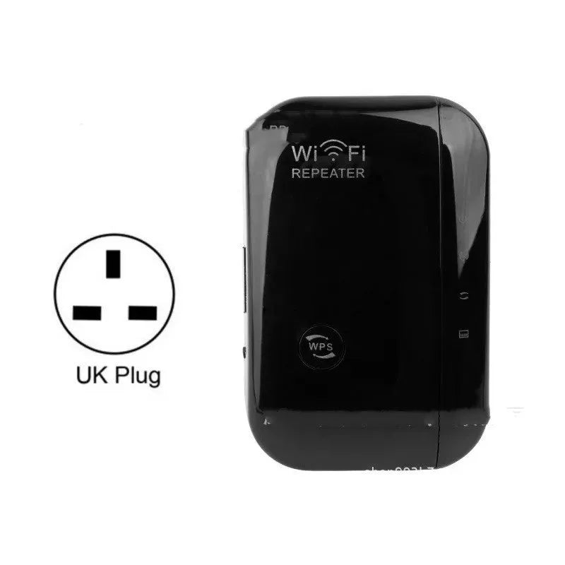 Black and white WIFI repeater with UK plug and network cable for home signal extension