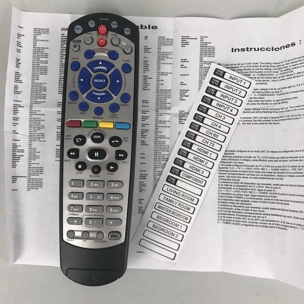Black flat universal remote control for DISH Network satellite TV receivers, showing button layout.