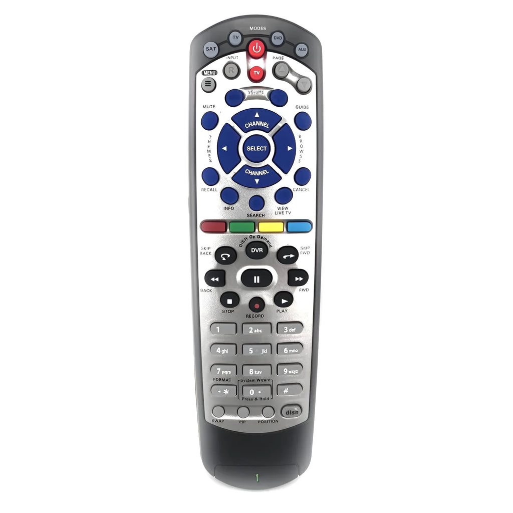 Black flat universal remote control for DISH Network satellite TV receivers, showing button layout.