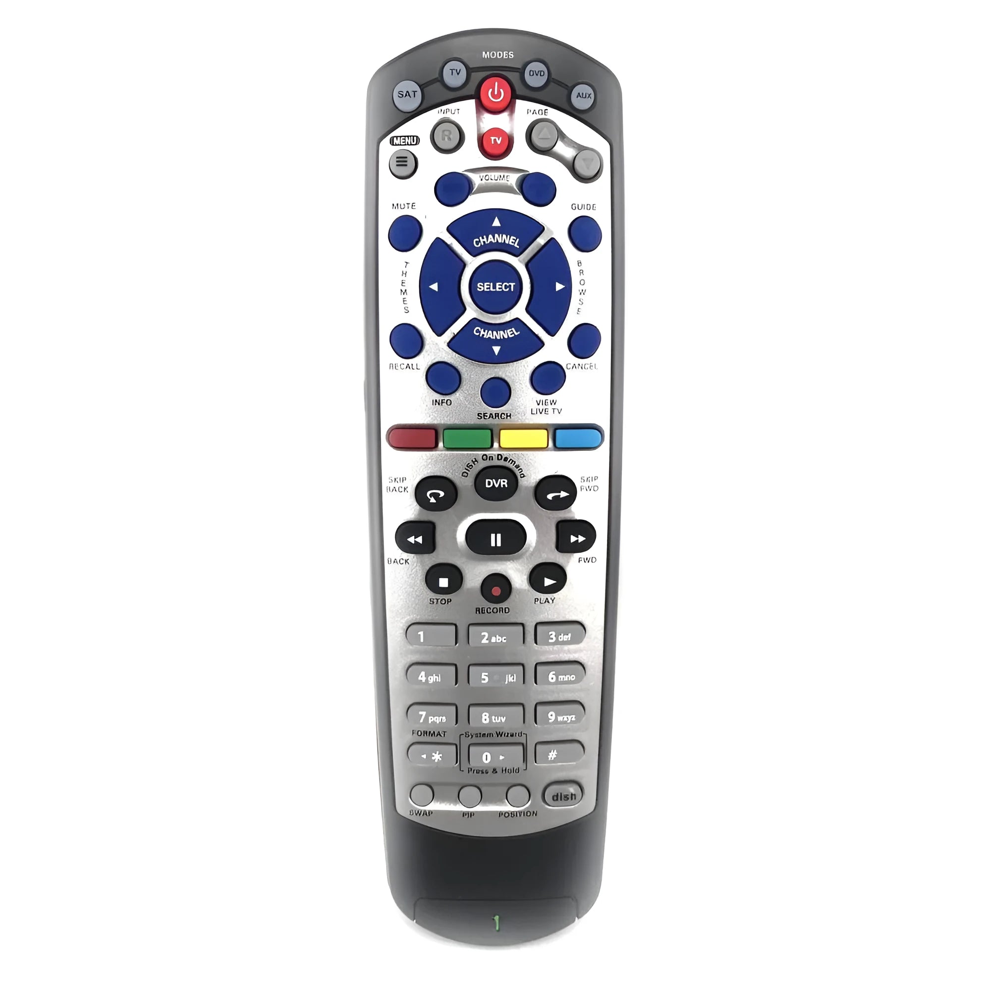 Black flat universal remote control for DISH Network satellite TV receivers, showing button layout.