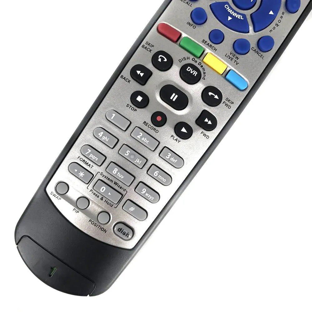 Black flat universal remote control for DISH Network satellite TV receivers, showing button layout.
