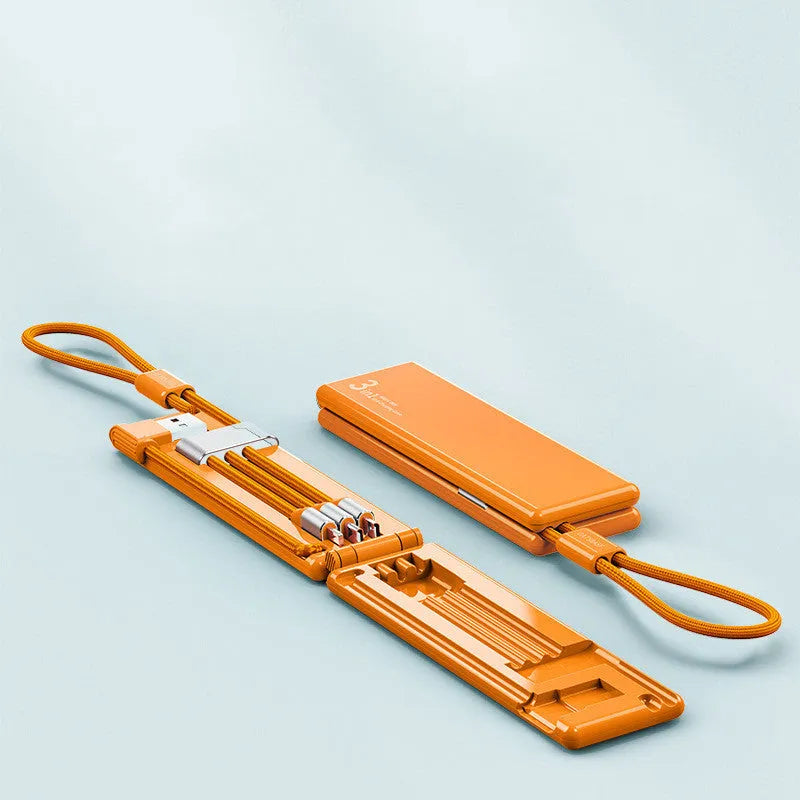 Black multifunctional USB charger cable with three connectors showing compact dimensions