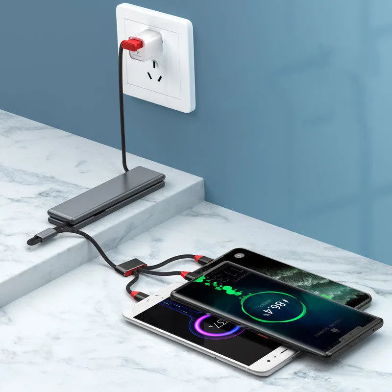 Black multifunctional USB charger cable with three connectors showing compact dimensions