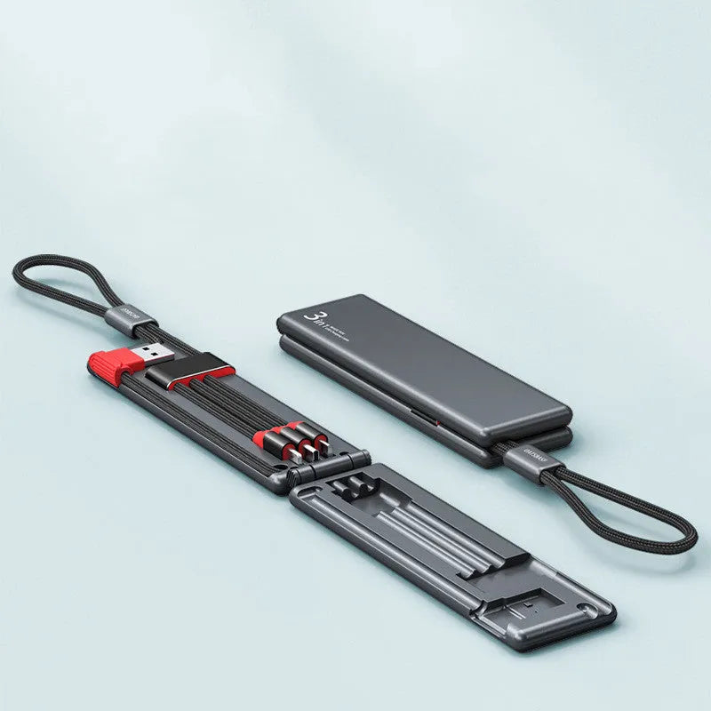 Black multifunctional USB charger cable with three connectors showing compact dimensions