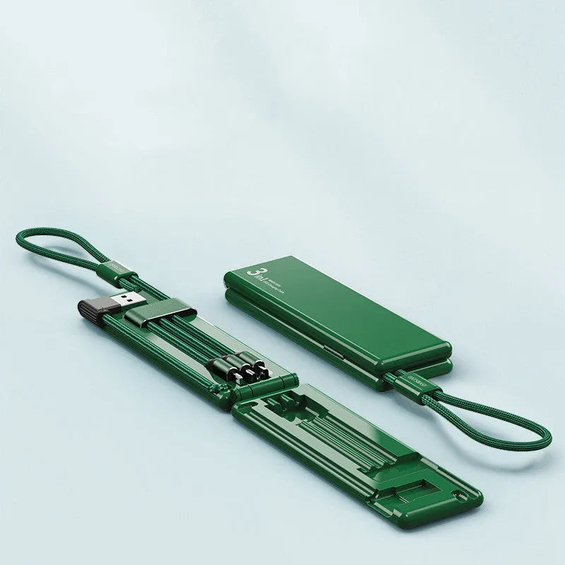 Black multifunctional USB charger cable with three connectors showing compact dimensions