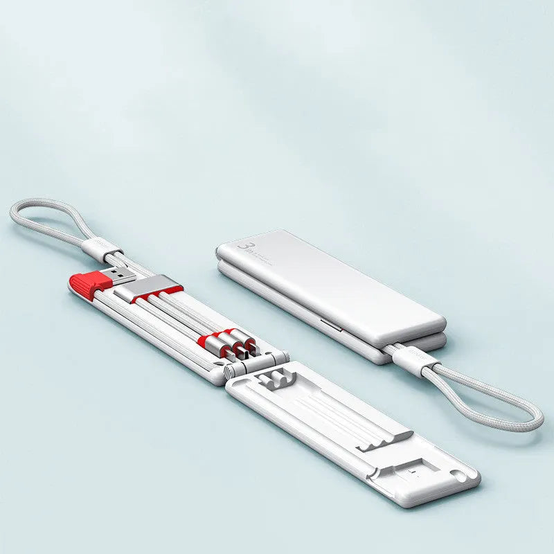 Black multifunctional USB charger cable with three connectors showing compact dimensions