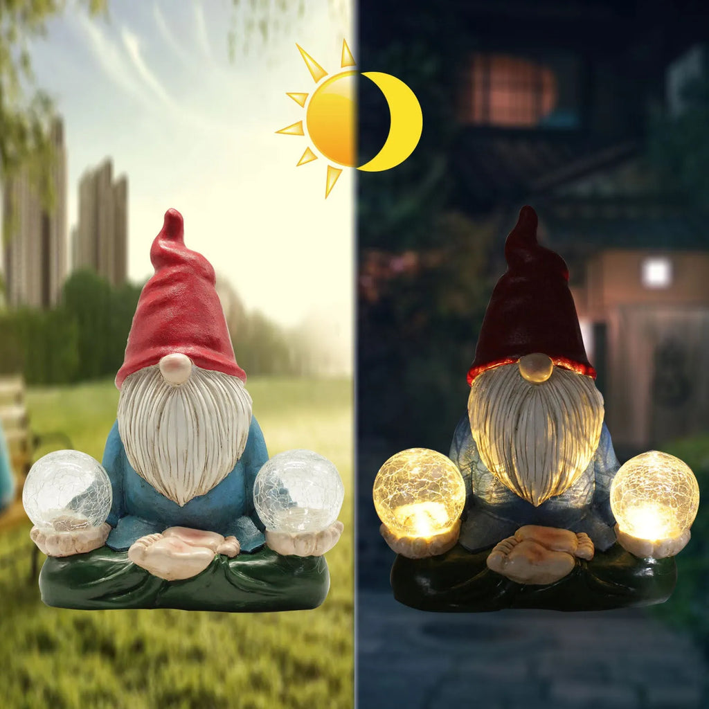 Resin dwarf garden statue with solar LED lights in faceless old man design.