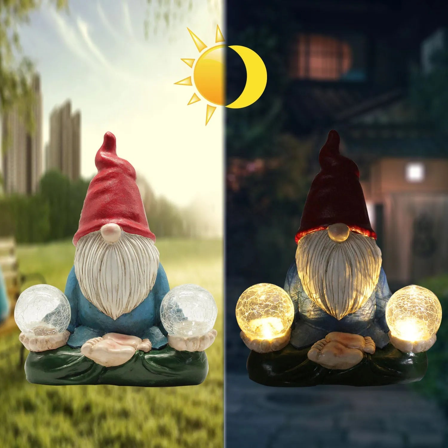 Resin dwarf garden statue with solar LED lights in faceless old man design.