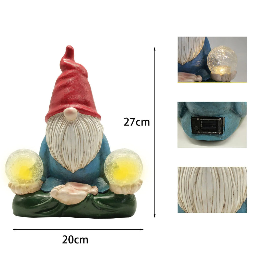 Resin dwarf garden statue with solar LED lights in faceless old man design.