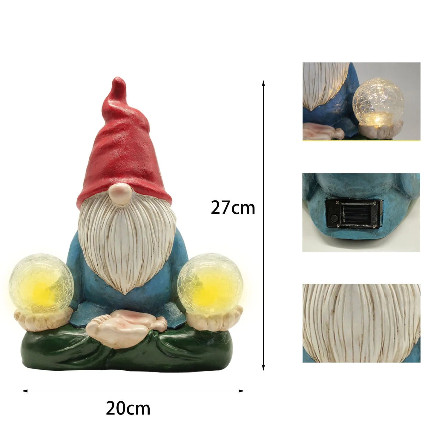 Resin dwarf garden statue with solar LED lights in faceless old man design.